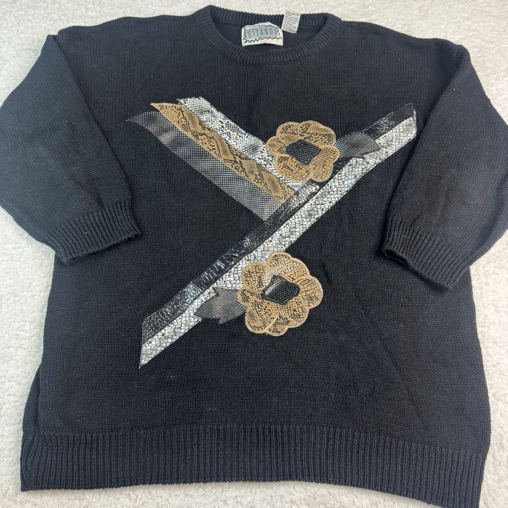 Gitano Graphic Sweater Womens 24W Black Vintage 90s Animal Print Floral Knit